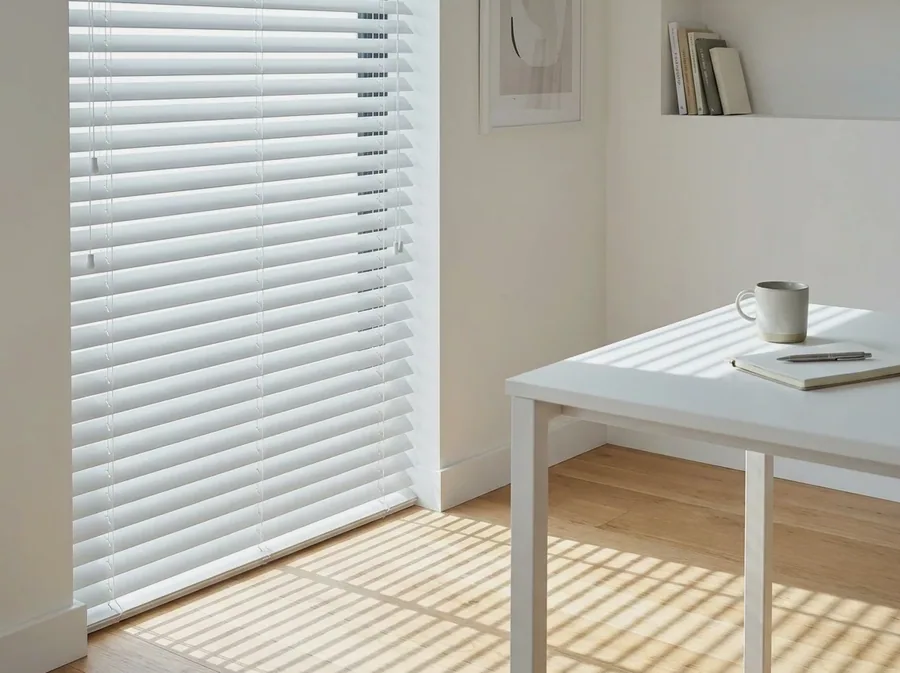 White aluminium venetian blinds tilted open over a home-office window in a Blue Hills home