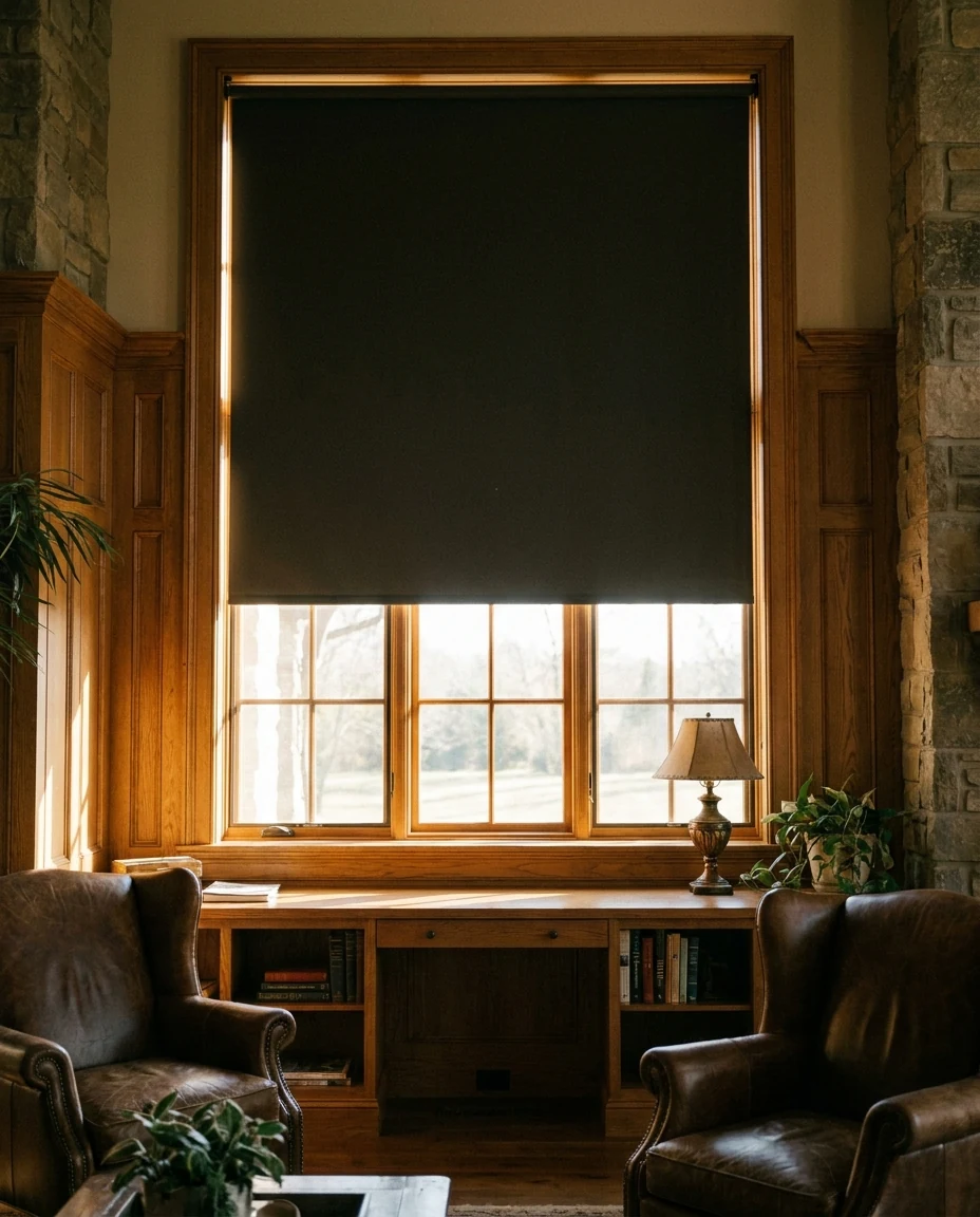 Dark blockout roller blind lowered over a multi-pane study window in a Blue Hills home, leather armchairs either side