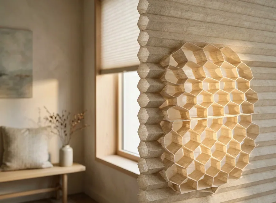 Close-up of cellular honeycomb blind air-cells glowing in the sun at a Blue Hills window