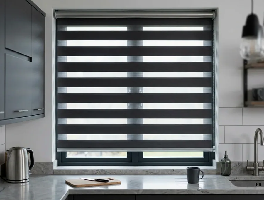 Day and night zebra blind banding light across a kitchen window in a Blue Hills home