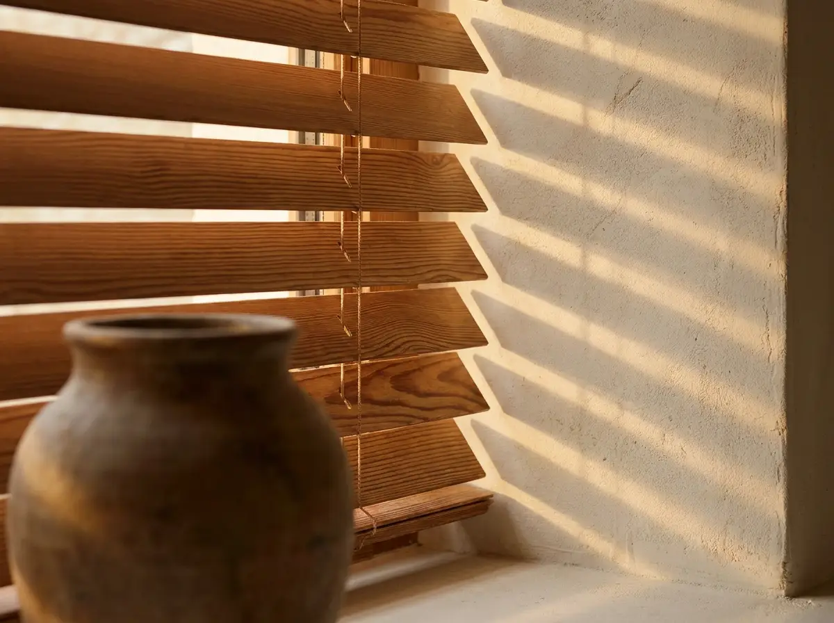 Close-up of timber venetian slats laying bands of afternoon light across a limewashed wall in a Beaulieu home