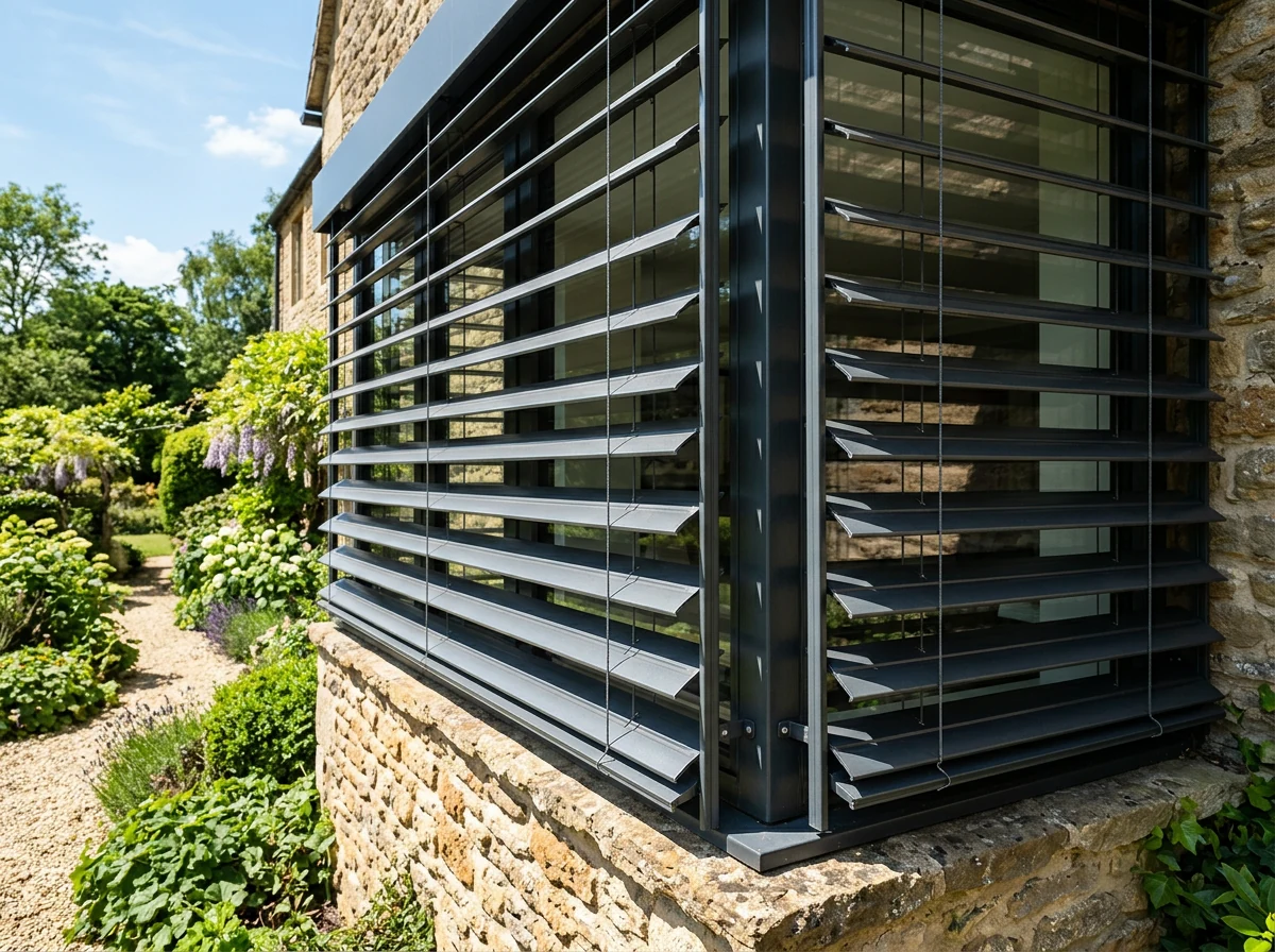 Aluminium external venetian blind louvres tilted outside a picture window in a Blue Hills home