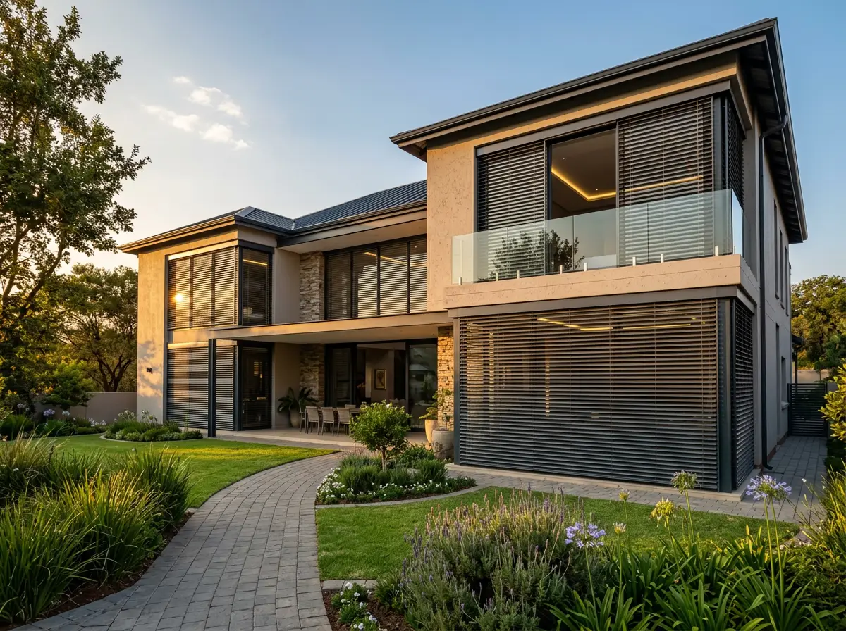 Aluminium external venetian blinds fitted outside the glazed walls of a modern double-storey Blue Hills home