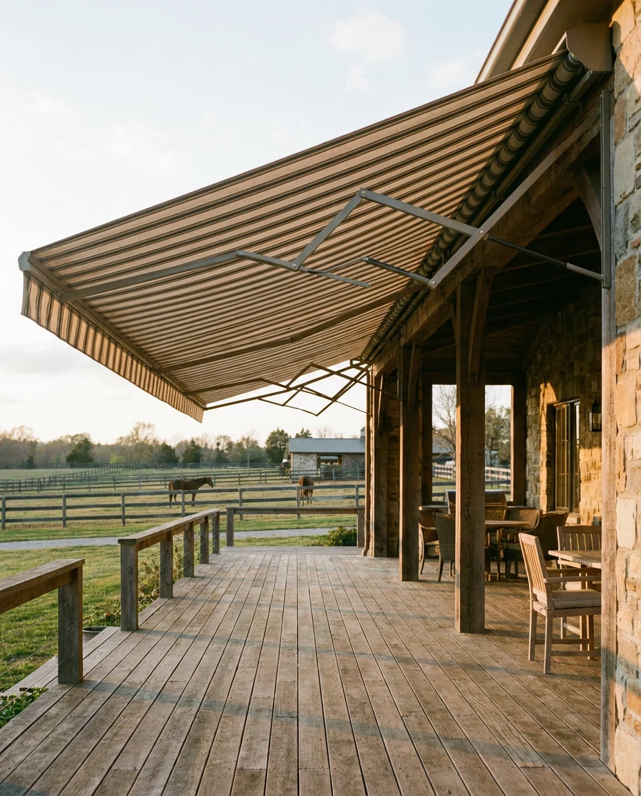 Folding-arm awning over a timber entertaining deck at a Blue Hills equestrian estate home, paddocks beyond