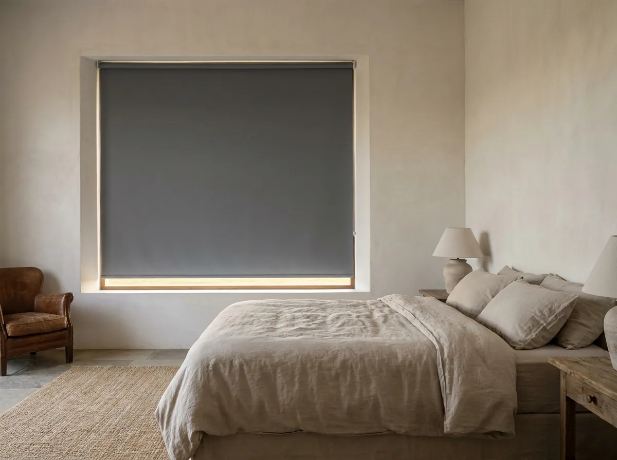 Blockout roller blind fully lowered over a bedroom window, one flat sheet of fabric with a thin line of dawn light at the sill