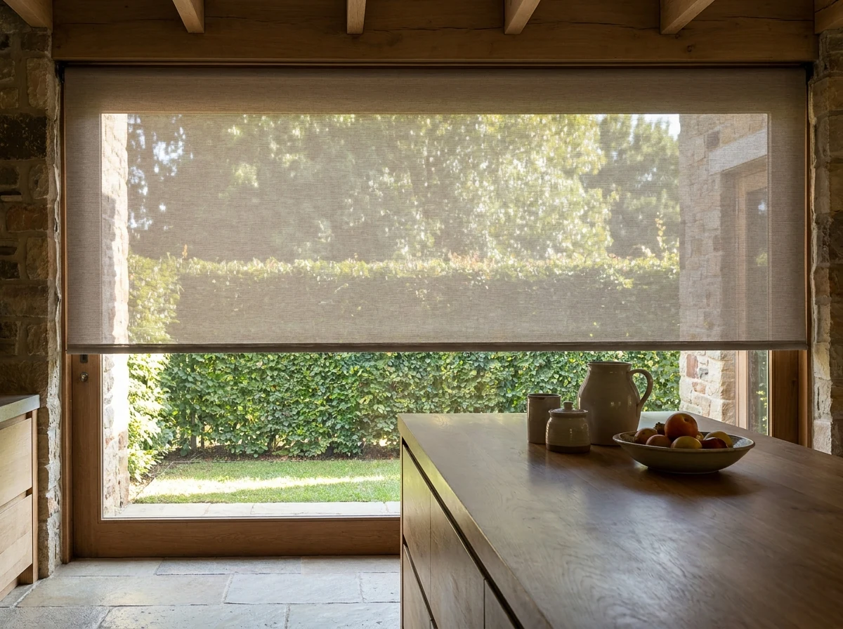 Sunscreen roller blind filtering garden light through a kitchen window in a Blue Hills home
