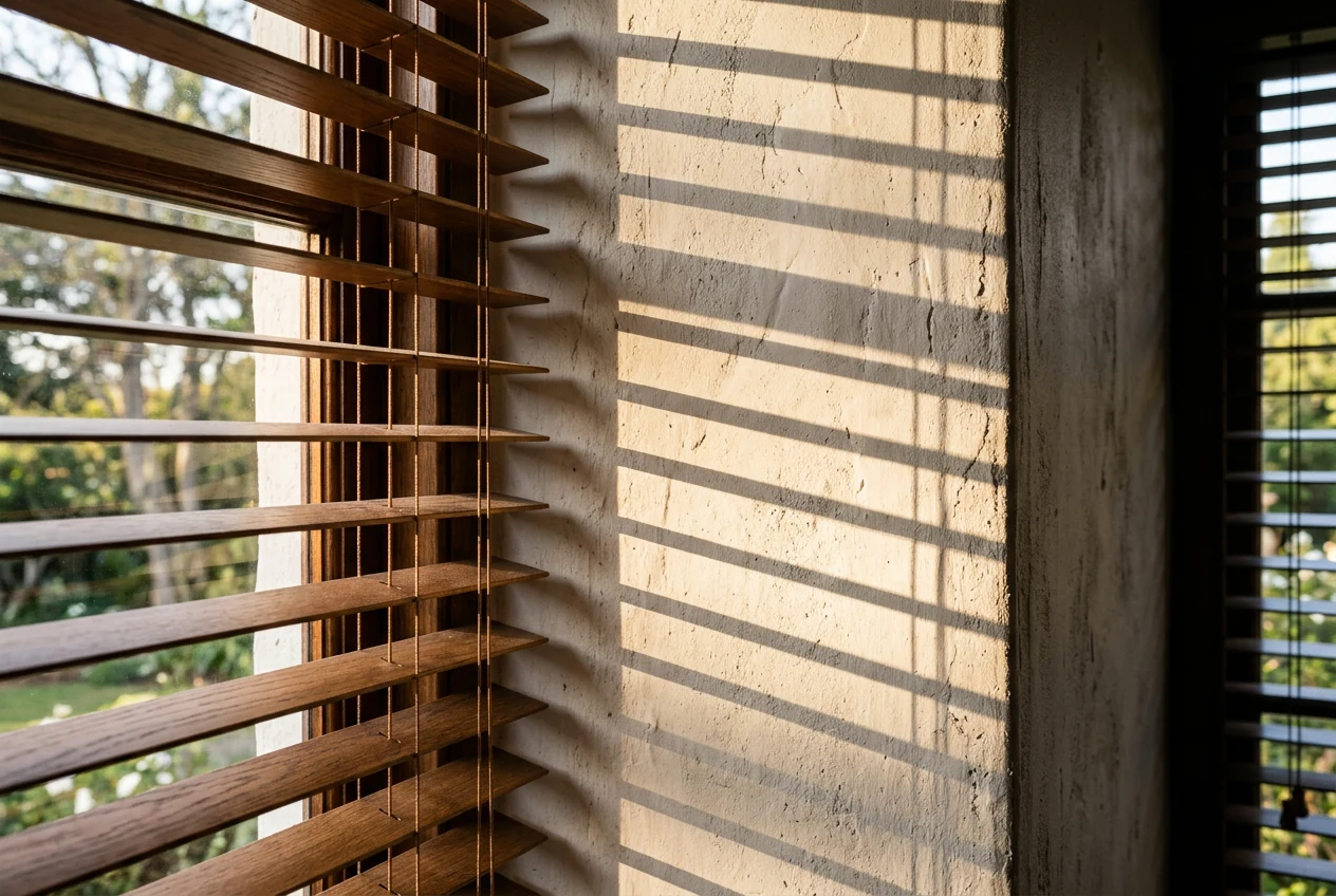 Close-up of timber venetian slats throwing shadow bands across a limewashed wall