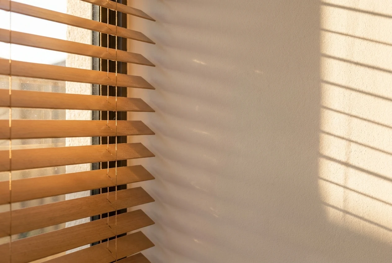 Close-up of timber venetian blind slats casting warm afternoon shadow bands across a wall in a Helderfontein Estate home
