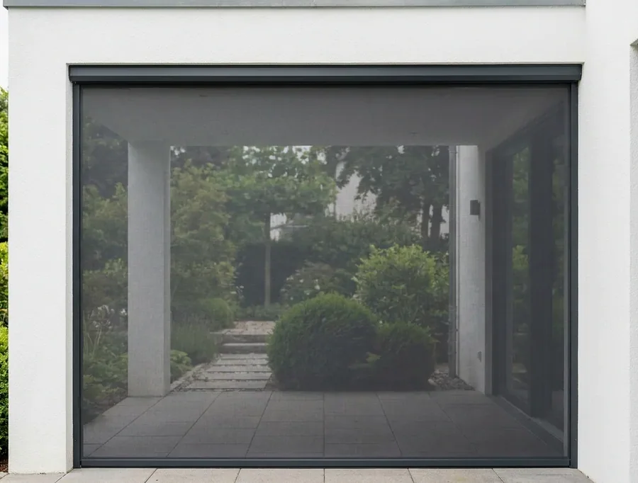 Zip screen mesh enclosing a patio at a Blue Hills home, garden visible through the weave